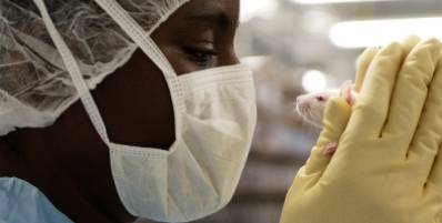 Close-up of a masked Charles River animal care professional looking face-to-face at a mouse