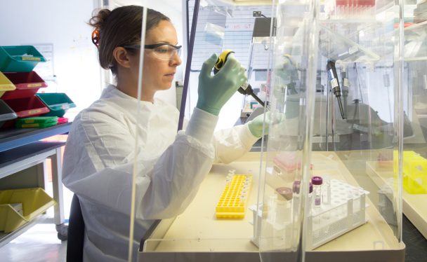 Una becaria del laboratorio Charles River trabajando en el laboratorio con un compañero que la apoya detrás de ella.