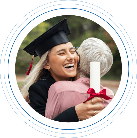 A young female college graduate holding her diploma and hugging her mother
