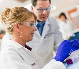 A male and a female Charles River scientist working with samples in a laboratory setting