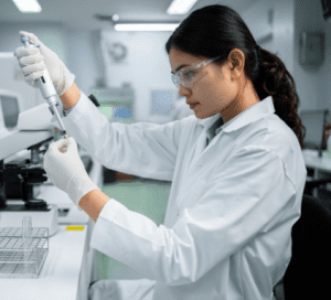 Scientist in Laboratory analyzing samples, wearing safety goggles.